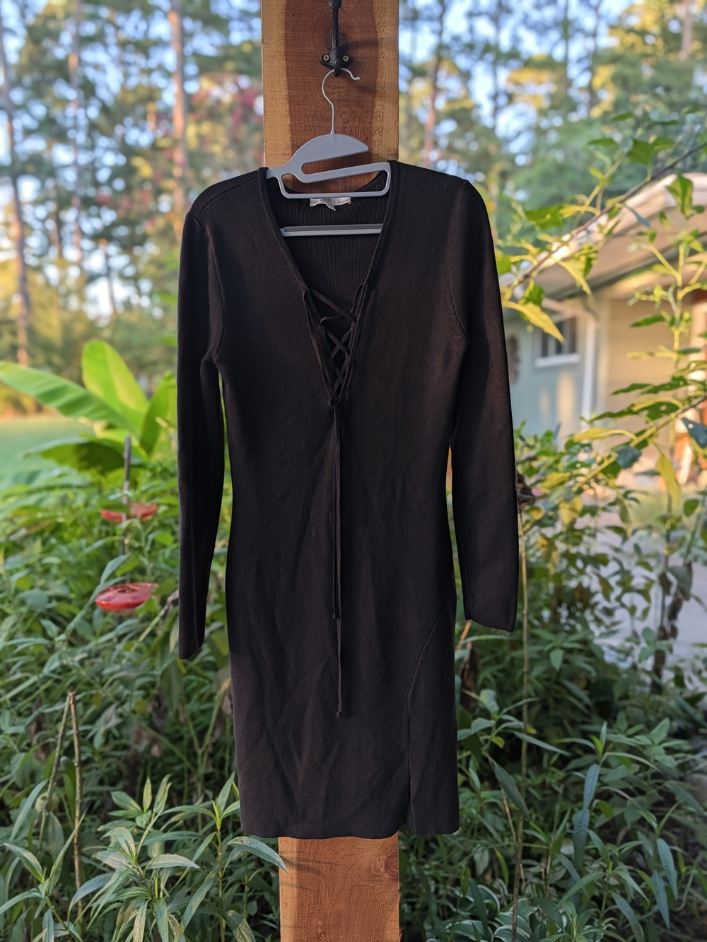 WAYF Lace-Up V-Neck Black Long Sleeve Dress